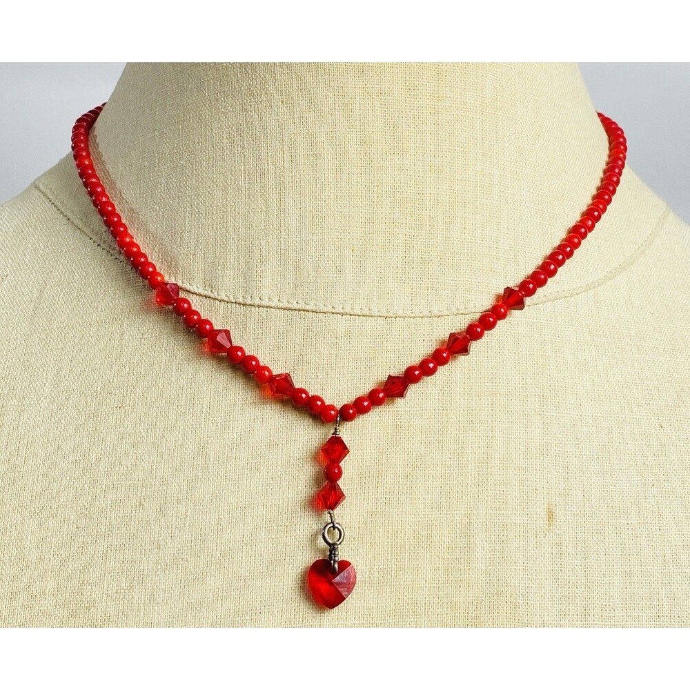 Vintage Red Beads/crystal Necklace 18”